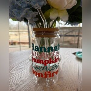 Seasonal Glass Tumbler with Straw - Colorful Fall Text